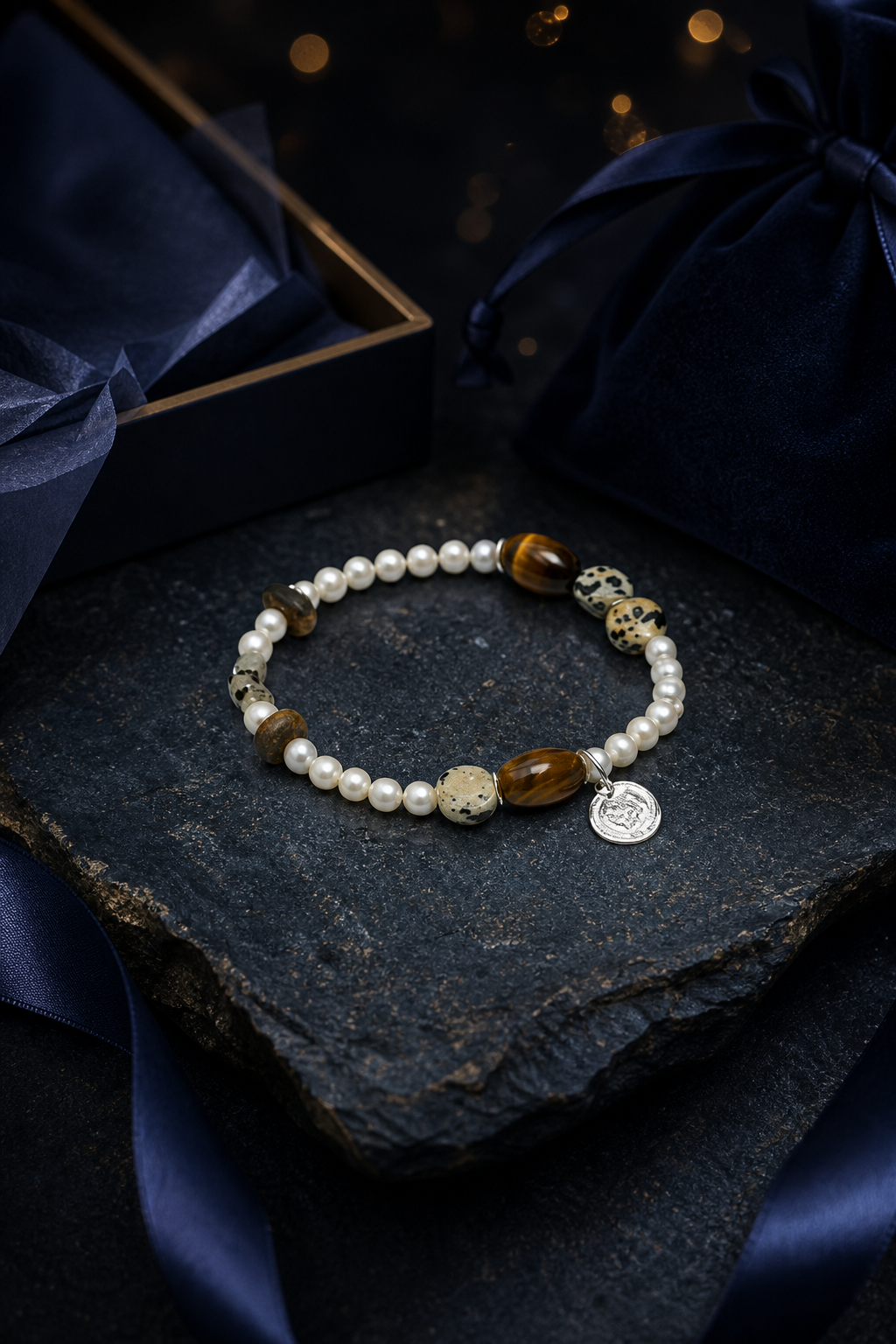 Moonmark Tiger's Eye Pearl Bracelet packaging flat lay