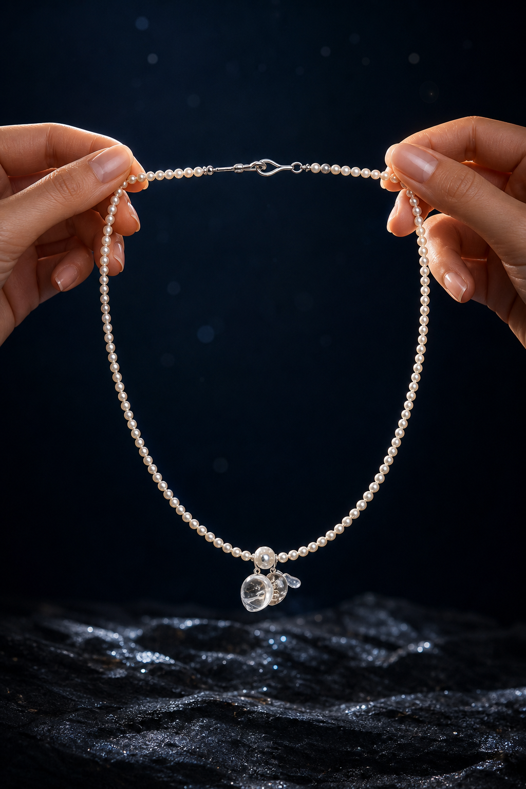 Moonveil Gourd Necklace shown in hand for scale
