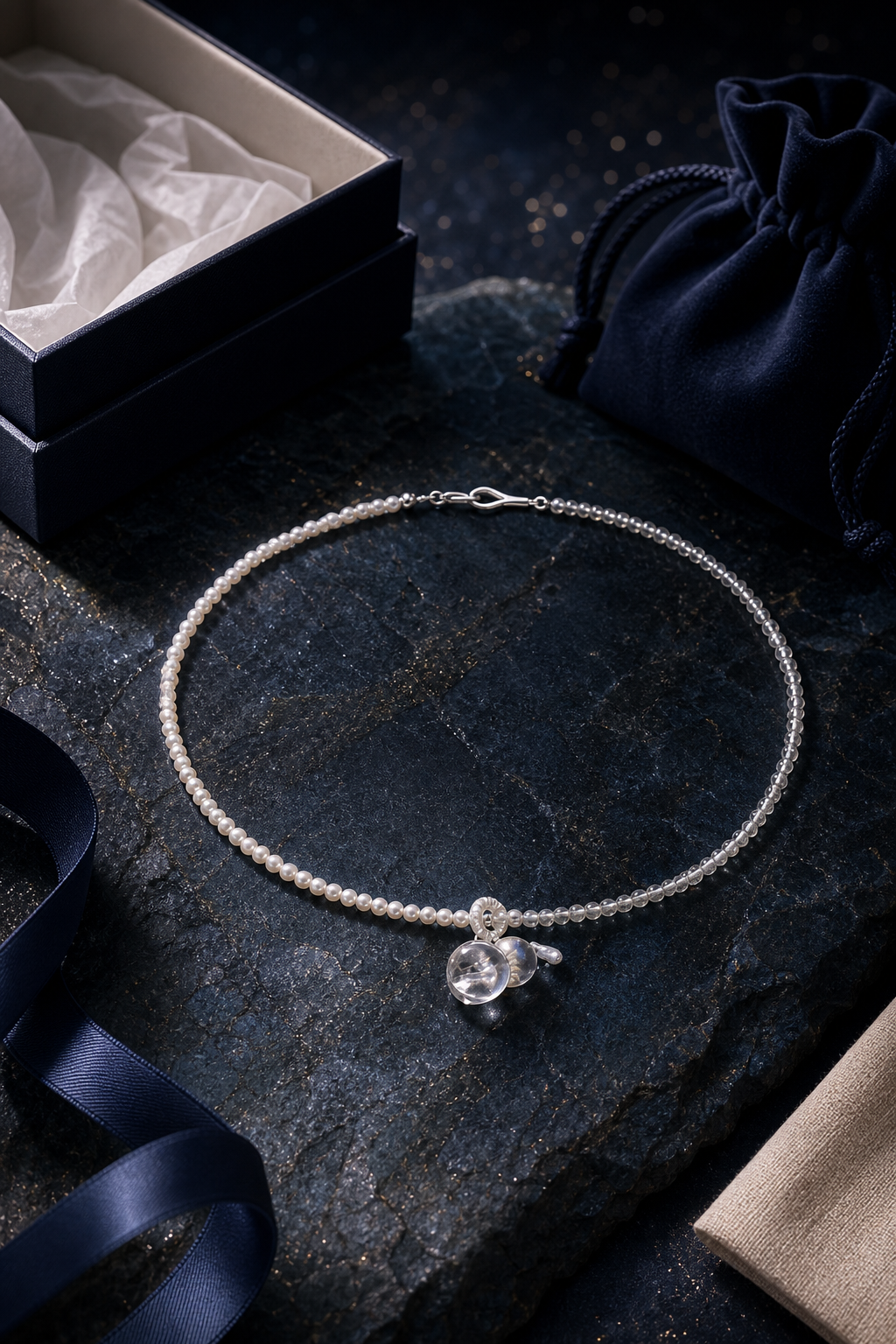 Moonveil Gourd Necklace packaging flat lay