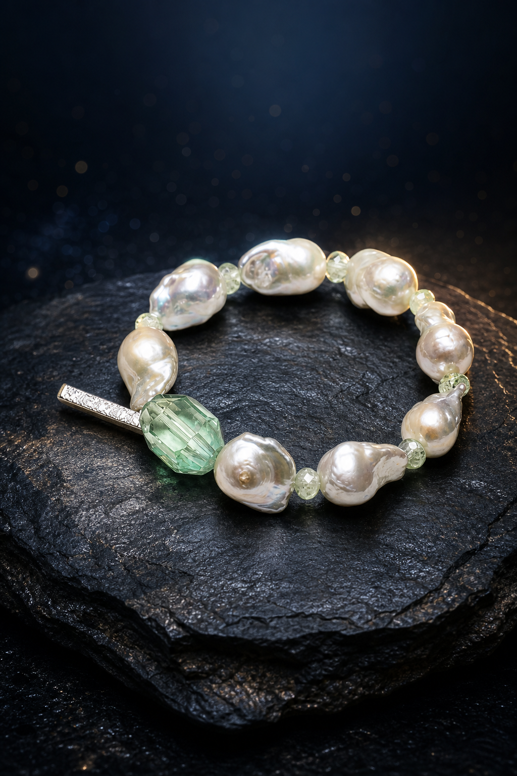 Moss Tide Prehnite Pearl Bracelet front view on a dark atmospheric backdrop