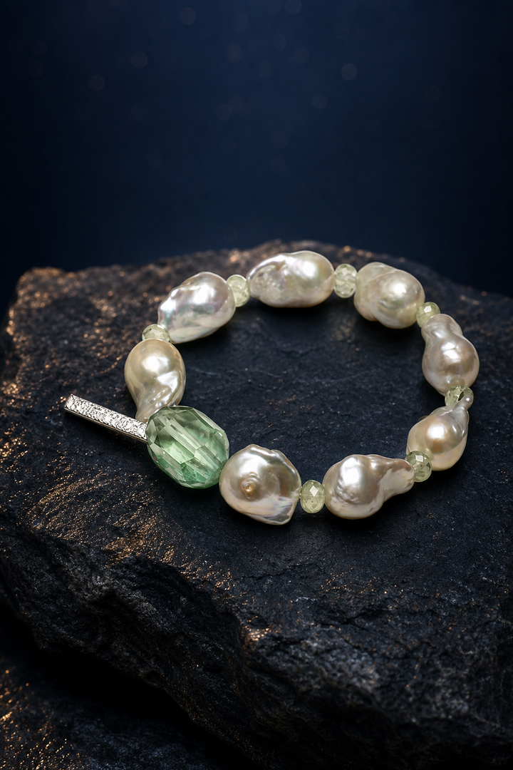 Moss Tide Prehnite Pearl Bracelet angled three-quarter product view