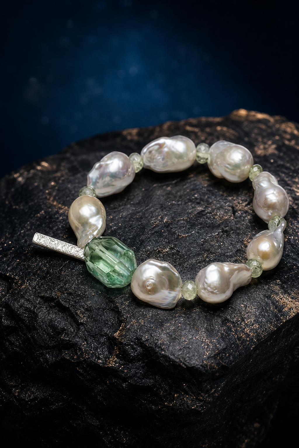 Moss Tide Prehnite Pearl Bracelet crystal texture close-up