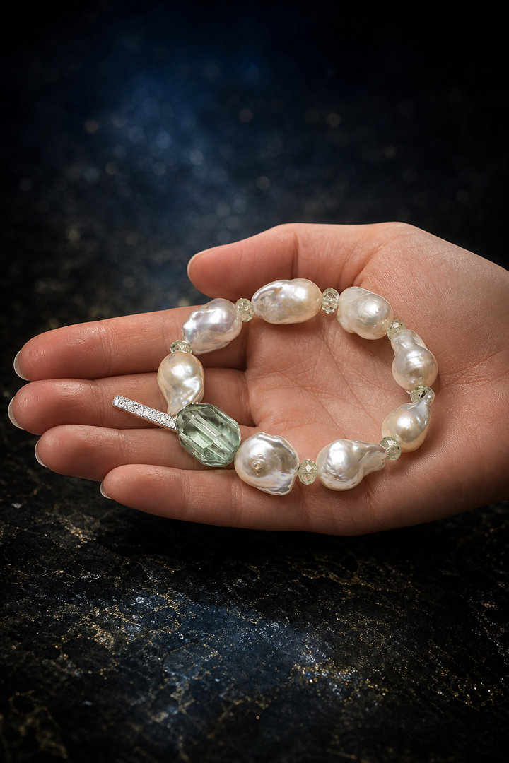 Moss Tide Prehnite Pearl Bracelet shown in hand for scale