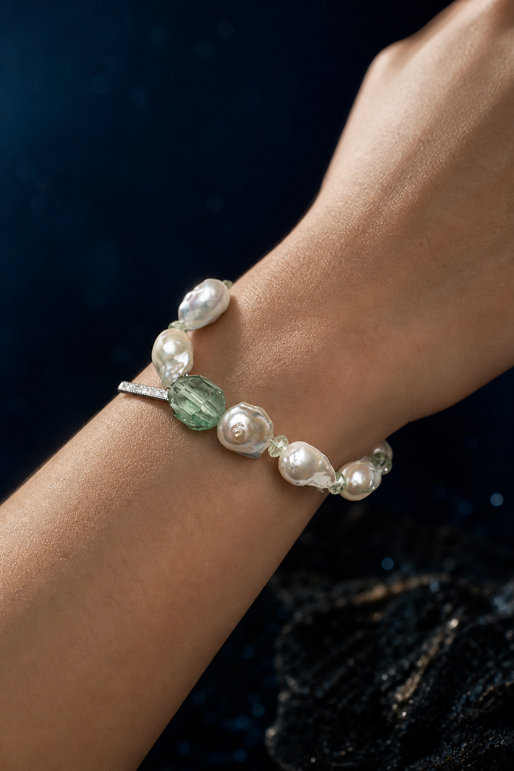 Moss Tide Prehnite Pearl Bracelet faceless model close-up