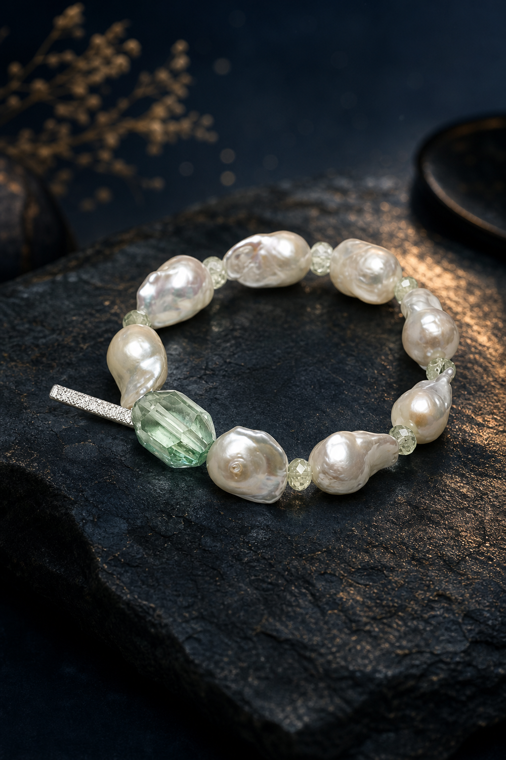 Moss Tide Prehnite Pearl Bracelet styled for daily wear, meditation, work desk ritual use