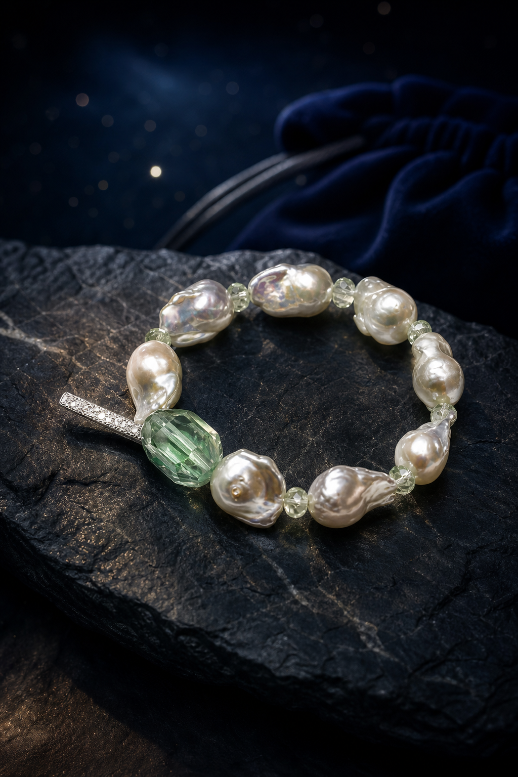 Moss Tide Prehnite Pearl Bracelet packaging flat lay