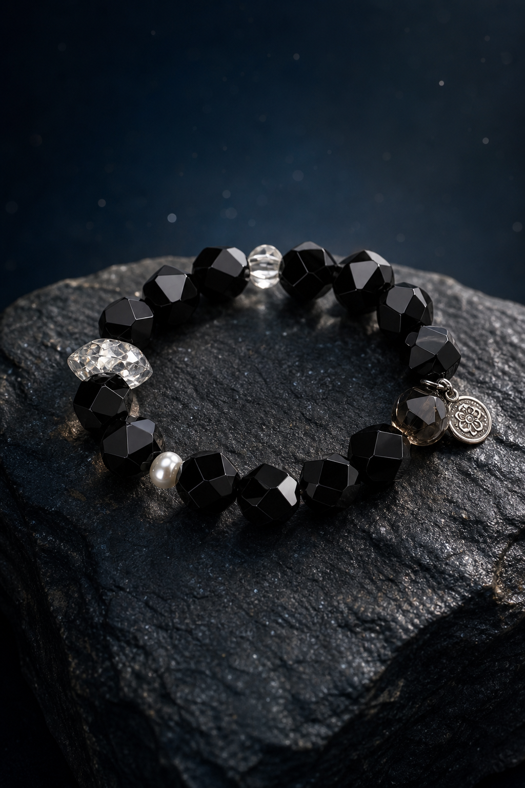 Night Current Agate Quartz Bracelet front view on a dark atmospheric backdrop