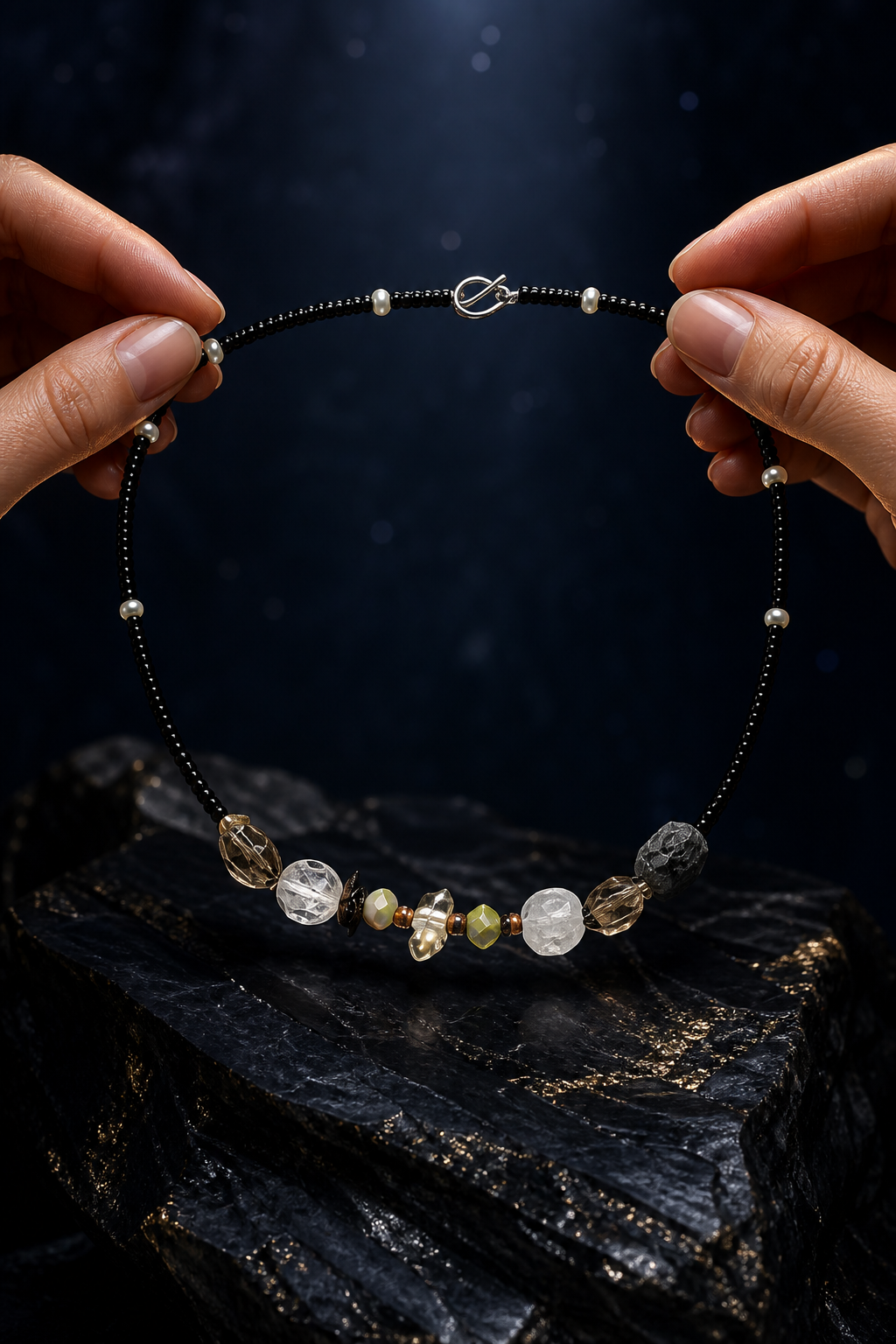 Nightguard Smoky Quartz Necklace shown in hand for scale