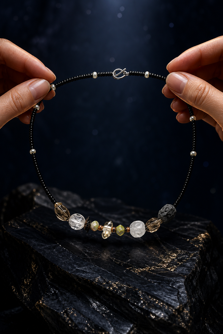 Nightguard Smoky Quartz Necklace shown in hand for scale