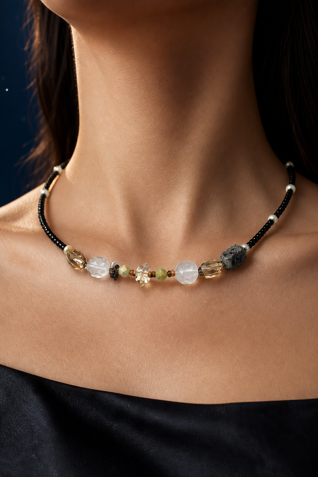 Nightguard Smoky Quartz Necklace faceless model close-up
