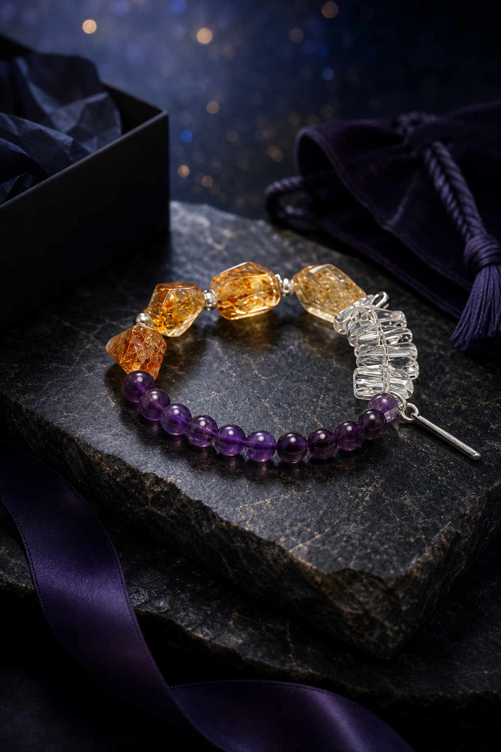 Purple Ember Bracelet packaging flat lay