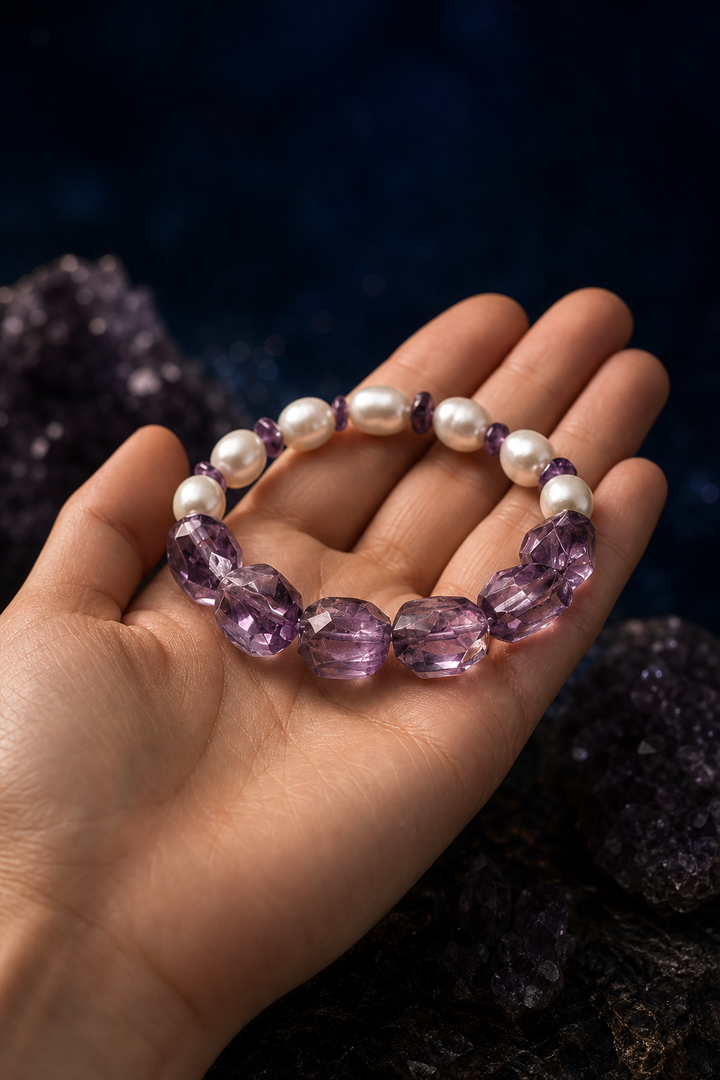 Purple Water Amethyst Bracelet shown in hand for scale