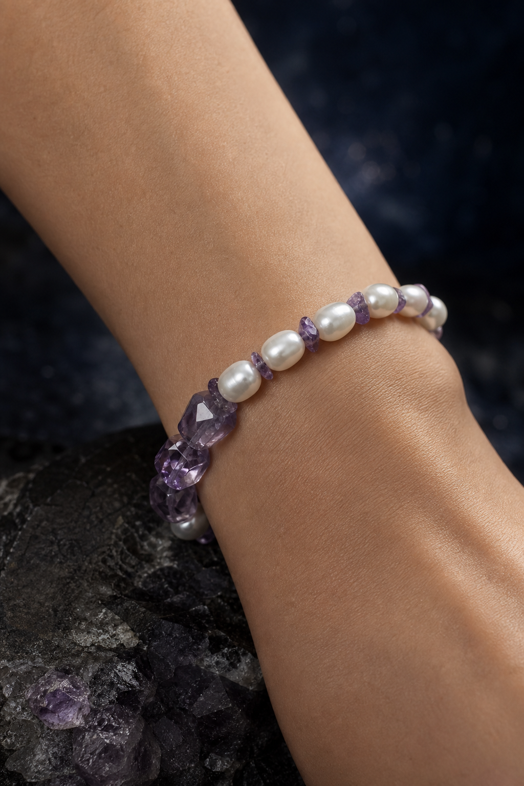 Purple Water Amethyst Bracelet faceless model close-up