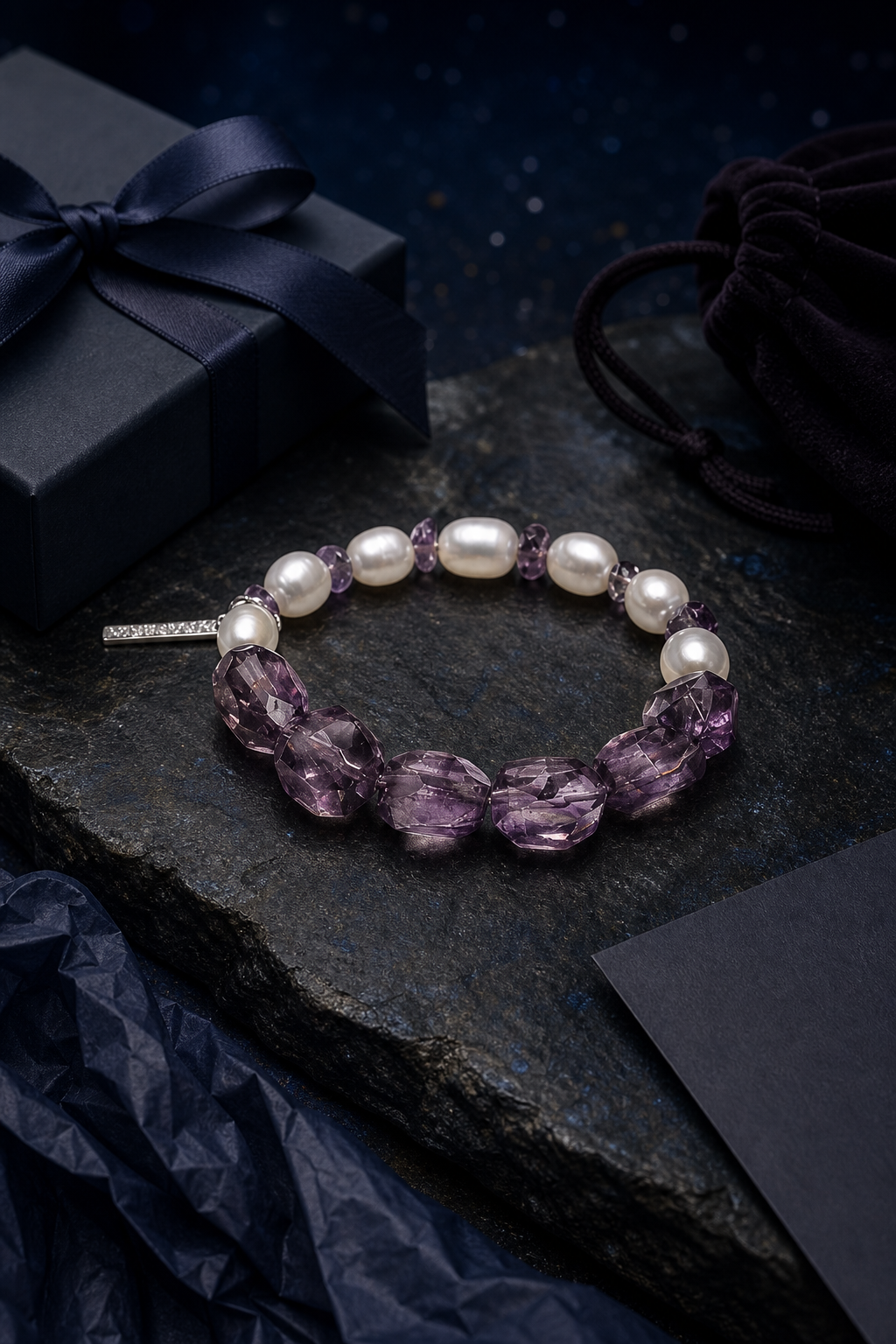 Purple Water Amethyst Bracelet packaging flat lay