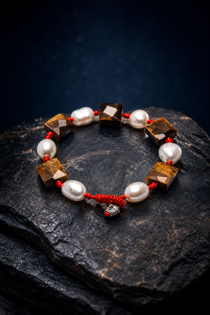 Red Cord Tiger's Eye Pearl Bracelet angled three-quarter product view