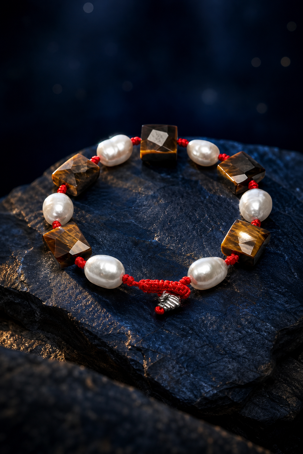 Red Cord Tiger's Eye Pearl Bracelet side or closure detail