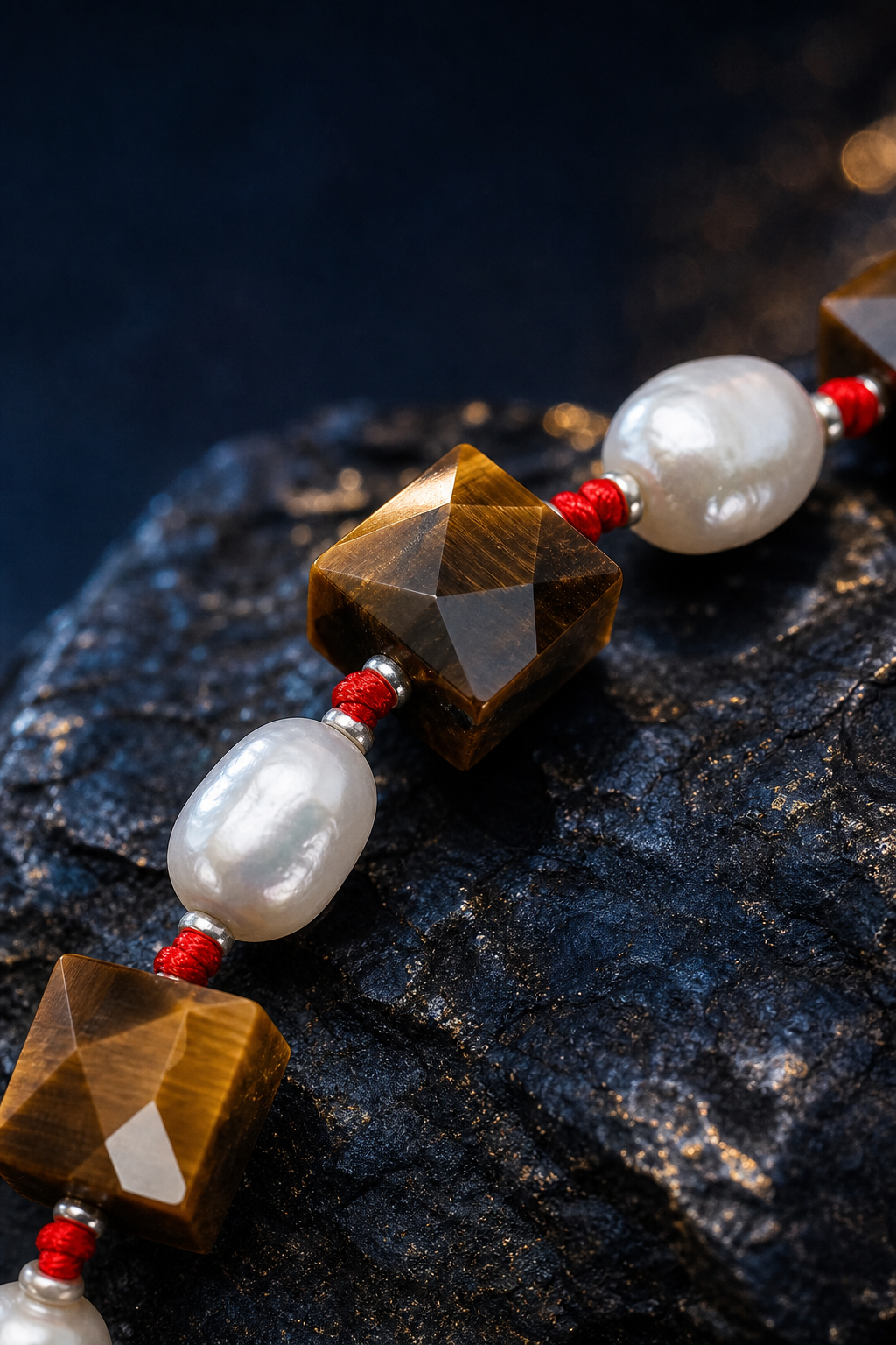 Red Cord Tiger's Eye Pearl Bracelet crystal texture close-up