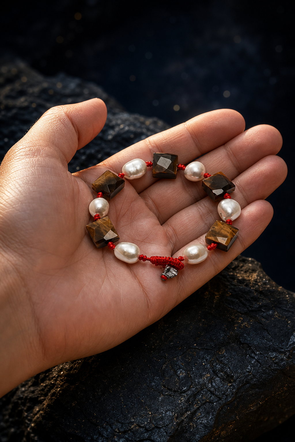 Red Cord Tiger's Eye Pearl Bracelet shown in hand for scale