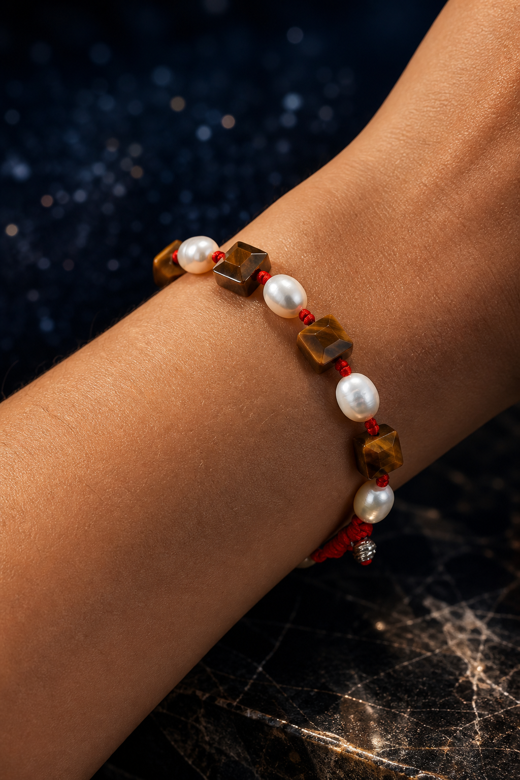 Red Cord Tiger's Eye Pearl Bracelet faceless model close-up
