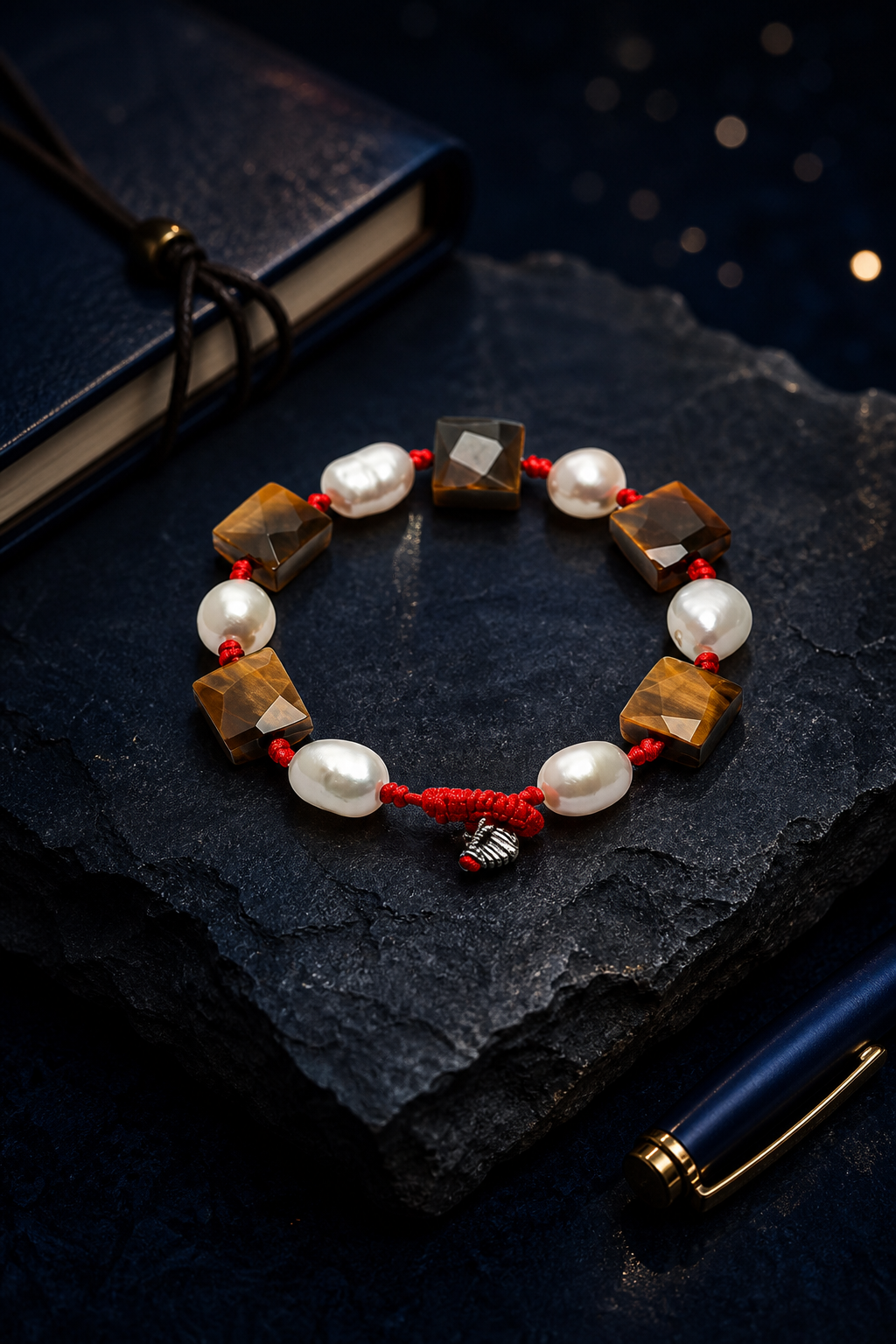 Red Cord Tiger's Eye Pearl Bracelet styled for daily wear, travel, work desk ritual use