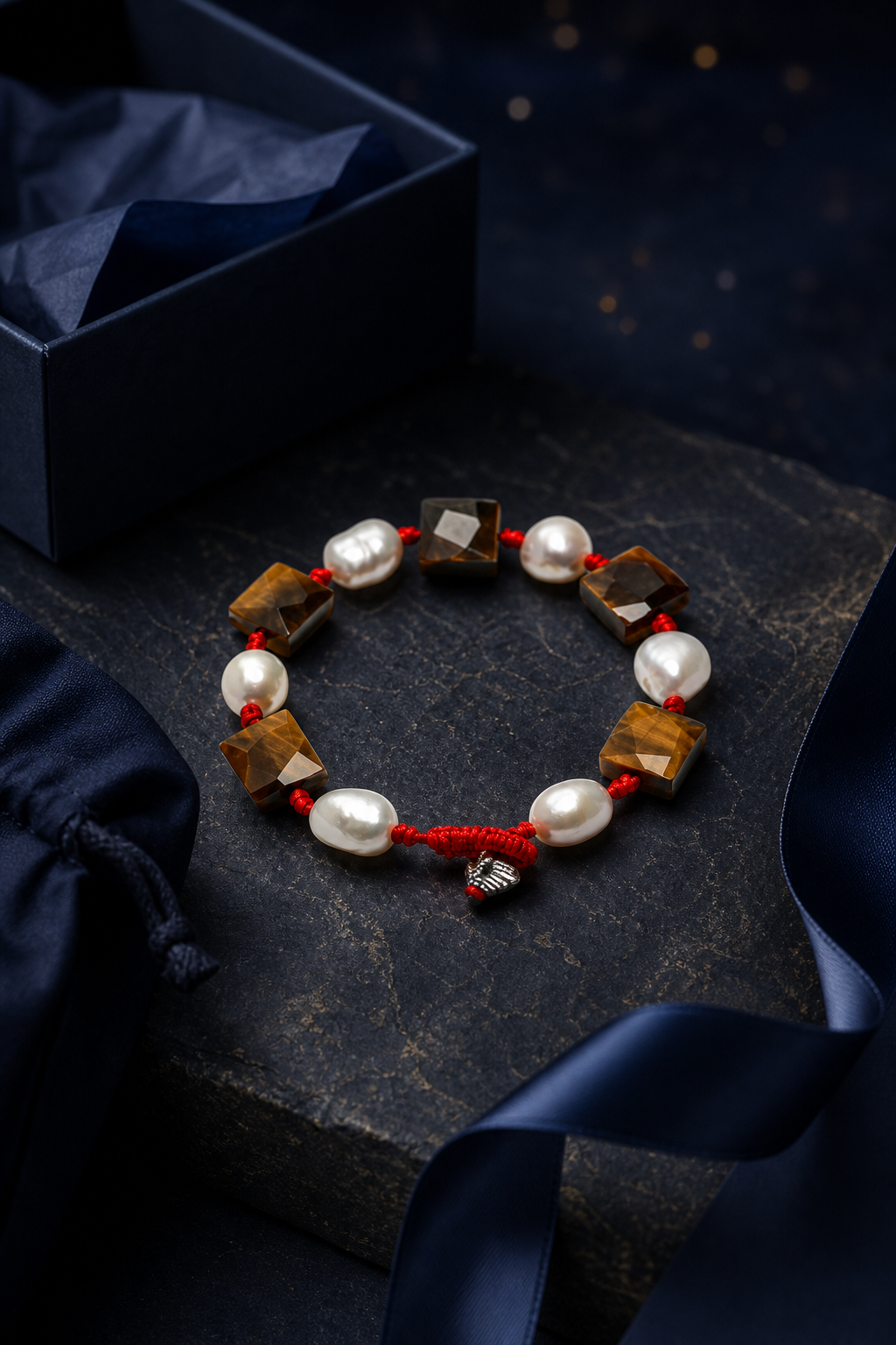 Red Cord Tiger's Eye Pearl Bracelet packaging flat lay