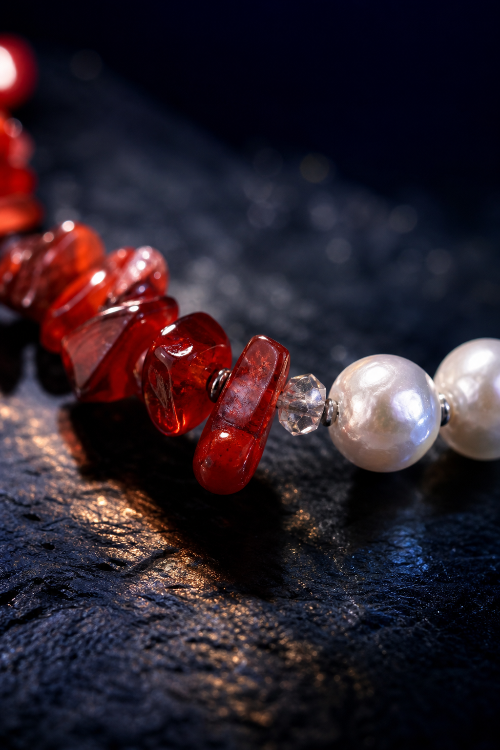Red Current Baroque Pearl Bracelet crystal texture close-up