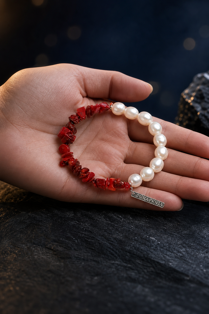 Red Current Baroque Pearl Bracelet shown in hand for scale