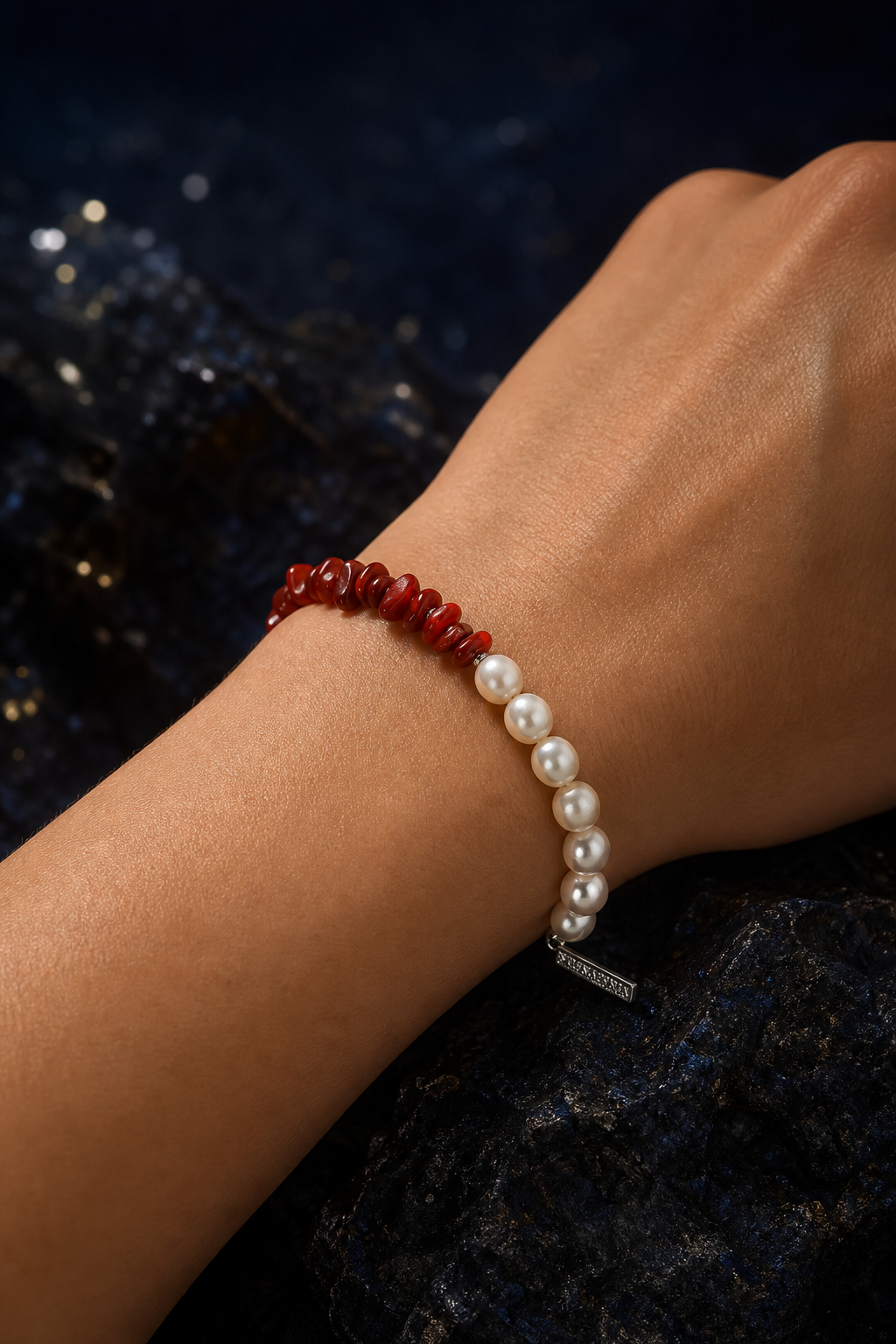 Red Current Baroque Pearl Bracelet faceless model close-up