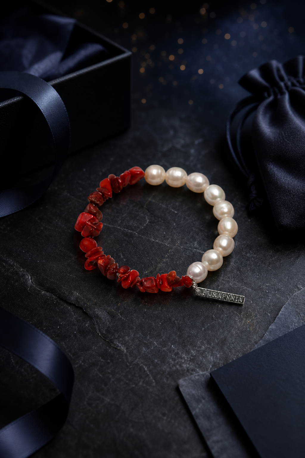 Red Current Baroque Pearl Bracelet packaging flat lay