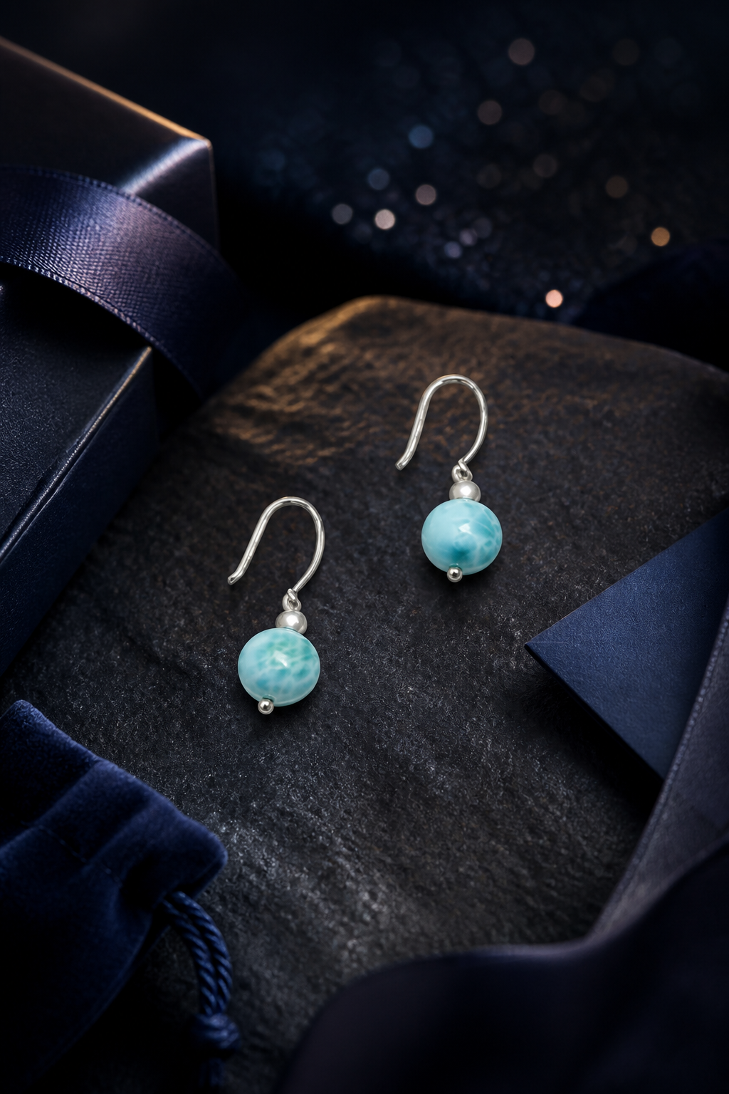 Ripple Light Larimar Earrings (3.3 cm) packaging flat lay