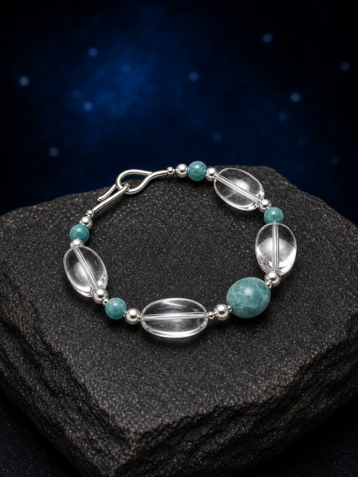 River Glass Amazonite Quartz Bracelet front view on a dark atmospheric backdrop