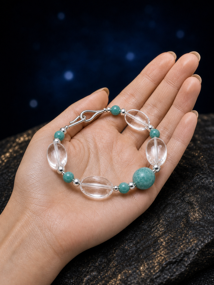 River Glass Amazonite Quartz Bracelet shown in hand for scale