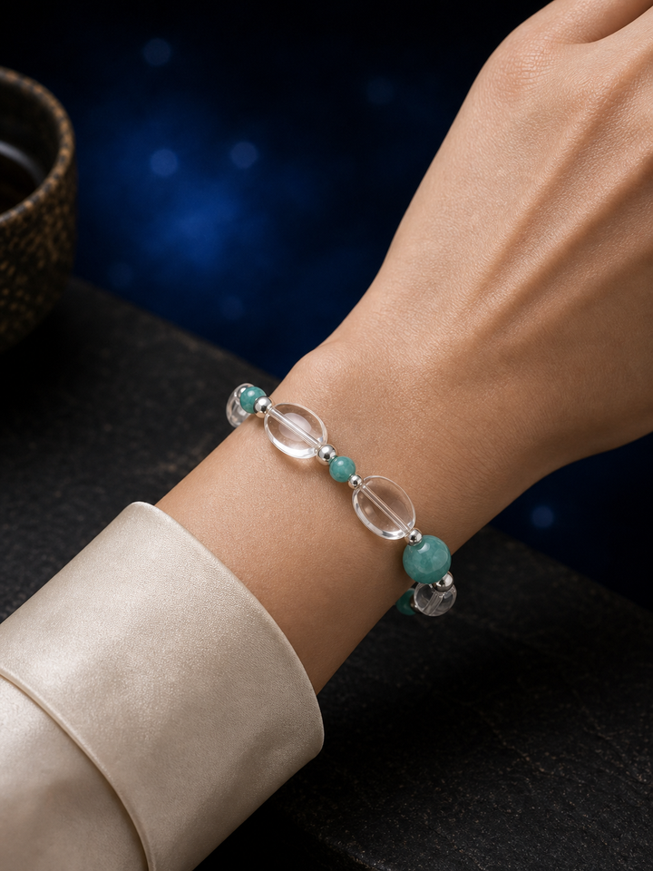 River Glass Amazonite Quartz Bracelet faceless model close-up