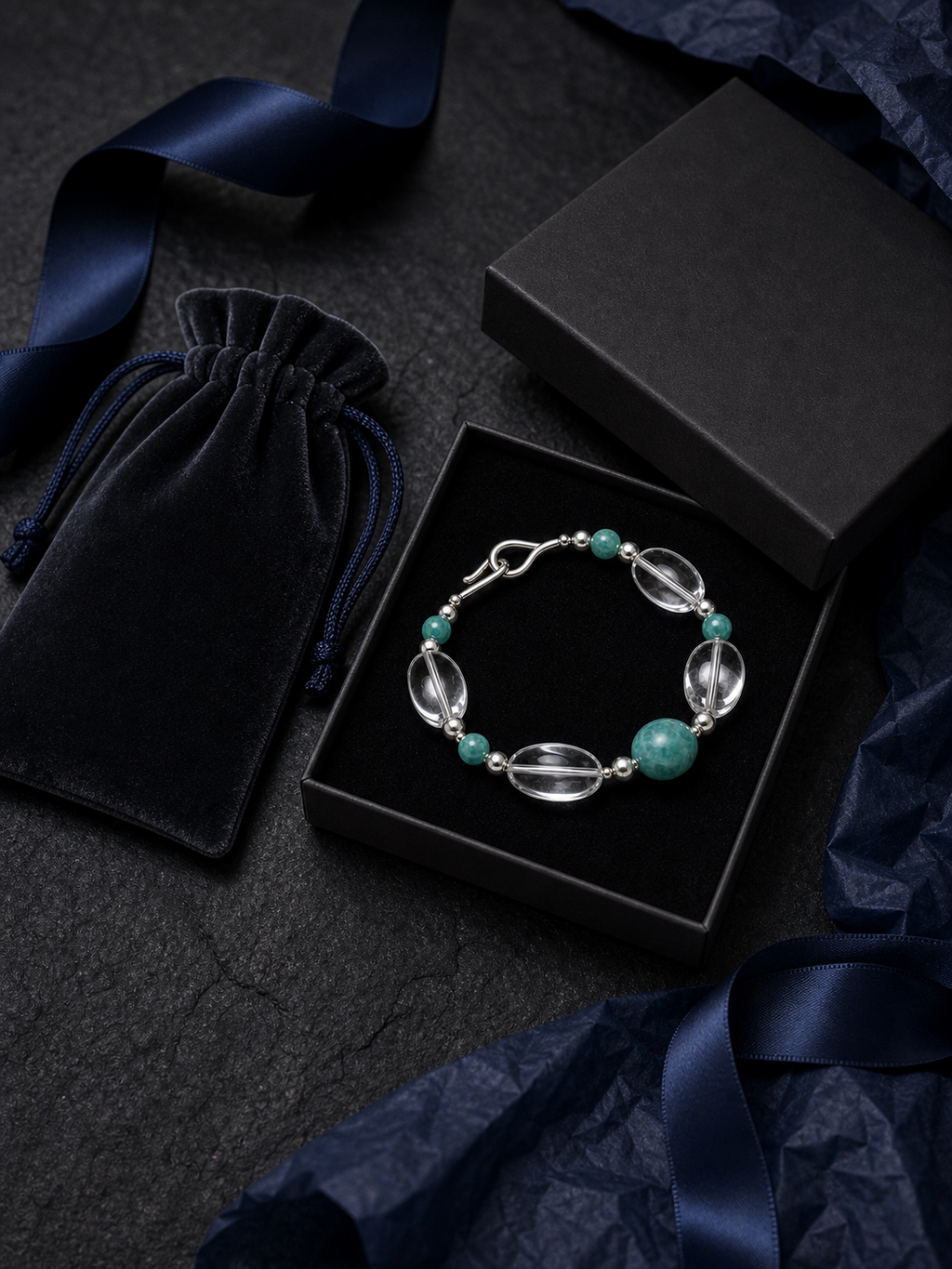 River Glass Amazonite Quartz Bracelet packaging flat lay