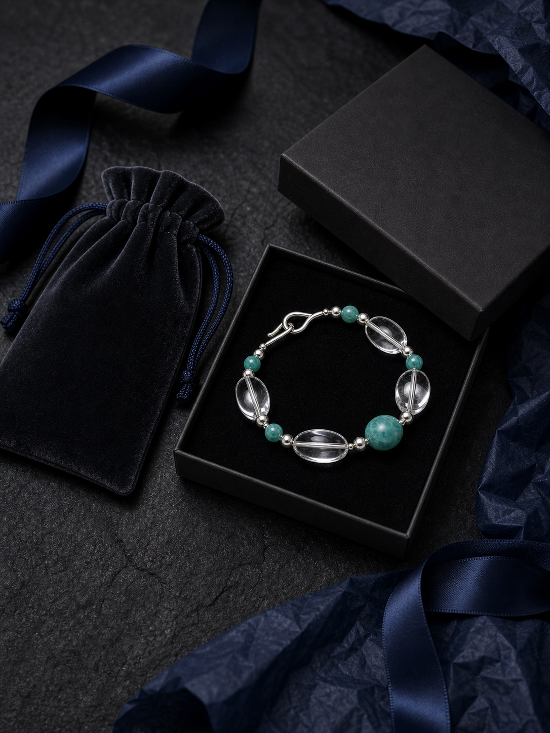 River Glass Amazonite Quartz Bracelet packaging flat lay