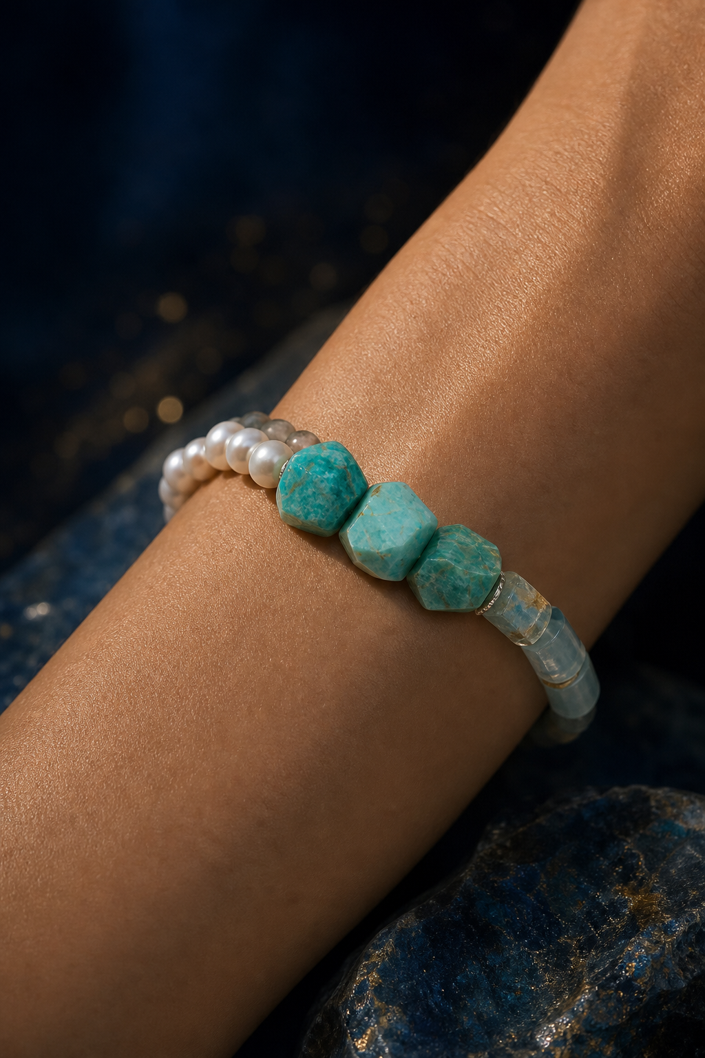 River Hush Amazonite Moonstone Bracelet faceless model close-up