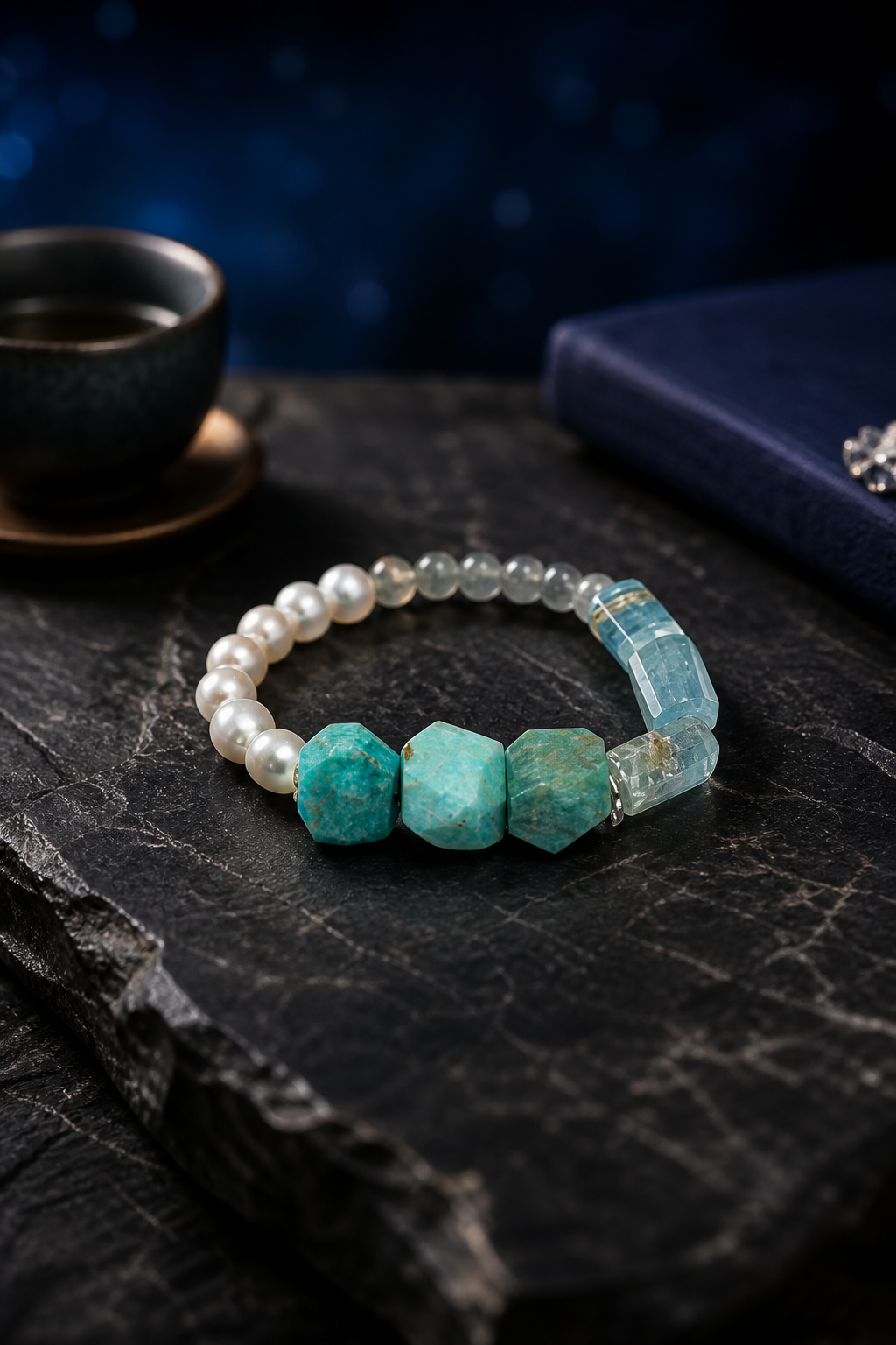 River Hush Amazonite Moonstone Bracelet styled for daily wear, meditation, work desk ritual use