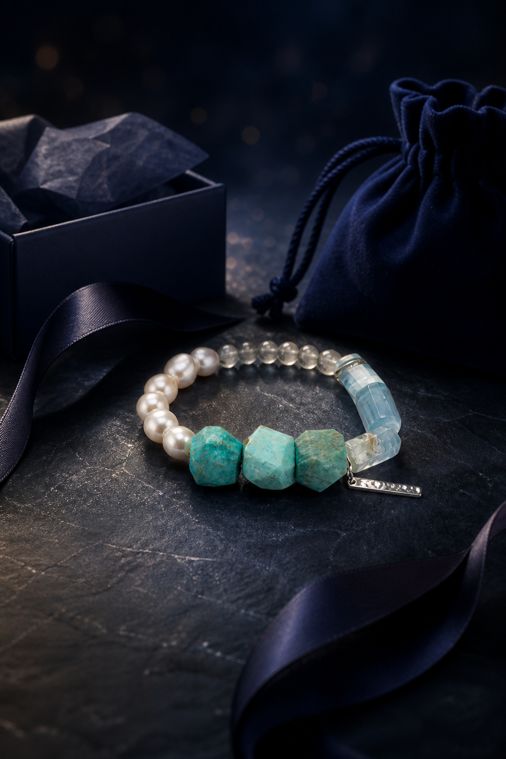 River Hush Amazonite Moonstone Bracelet packaging flat lay