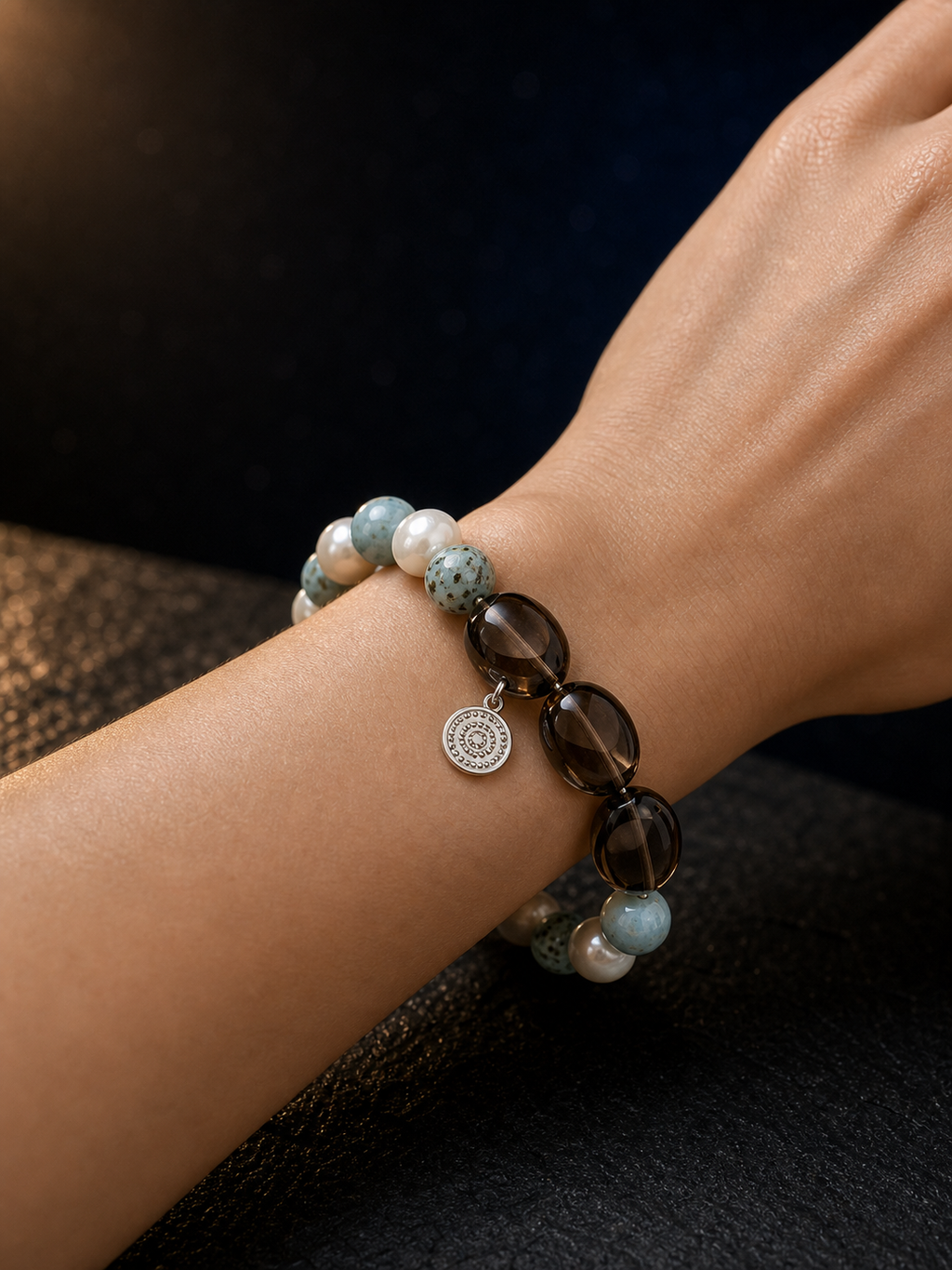 Sea Veil Smoky Pearl Bracelet faceless model close-up