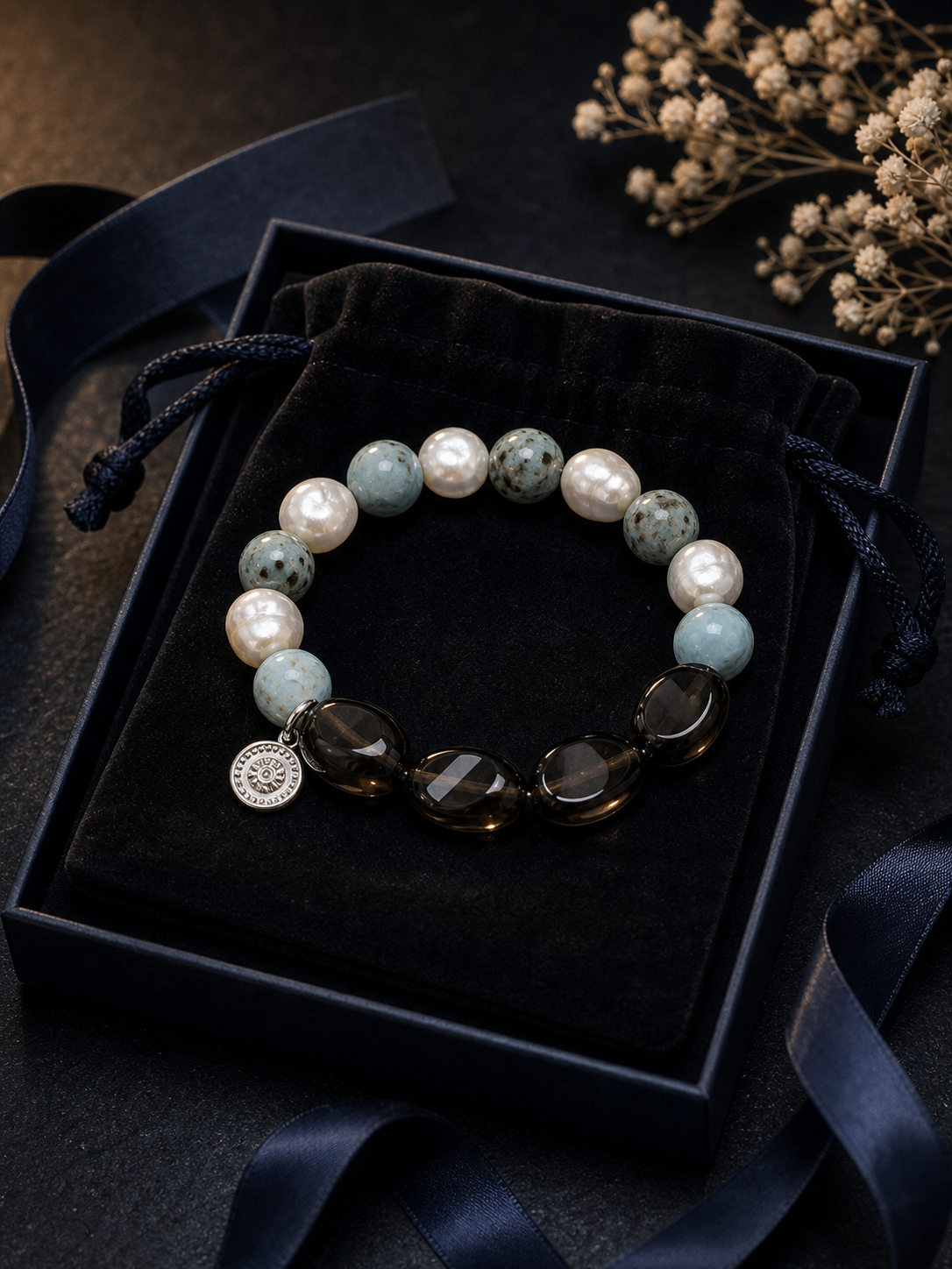 Sea Veil Smoky Pearl Bracelet packaging flat lay