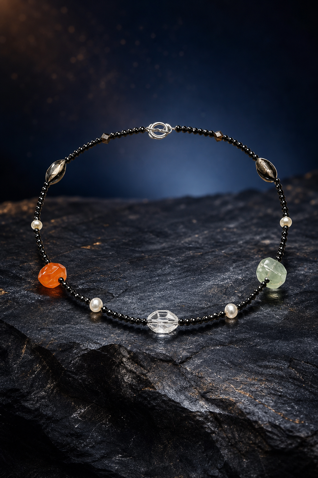 Shadow Beacon Mixed Gem Necklace front view on a dark atmospheric backdrop