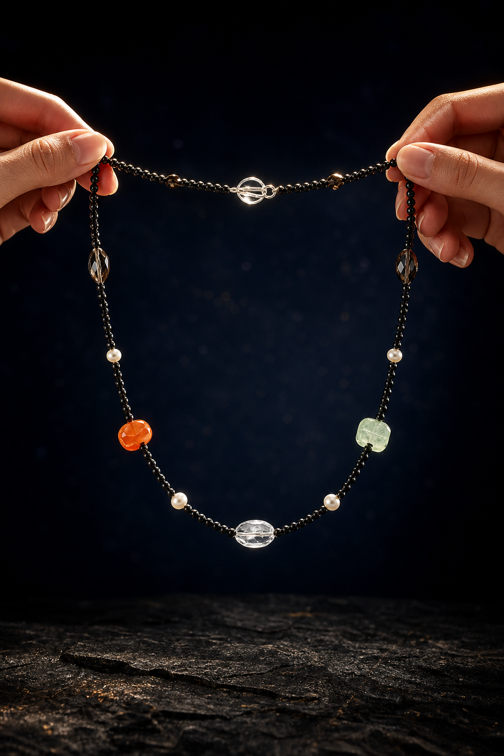 Shadow Beacon Mixed Gem Necklace shown in hand for scale