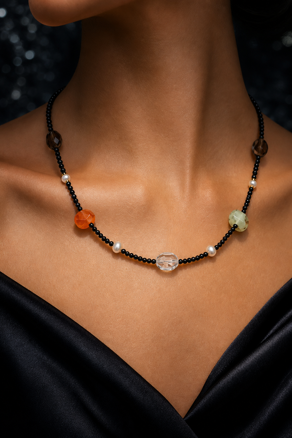 Shadow Beacon Mixed Gem Necklace faceless model close-up