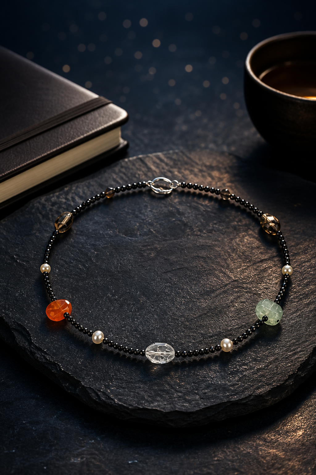 Shadow Beacon Mixed Gem Necklace styled for daily wear, travel, work desk ritual use