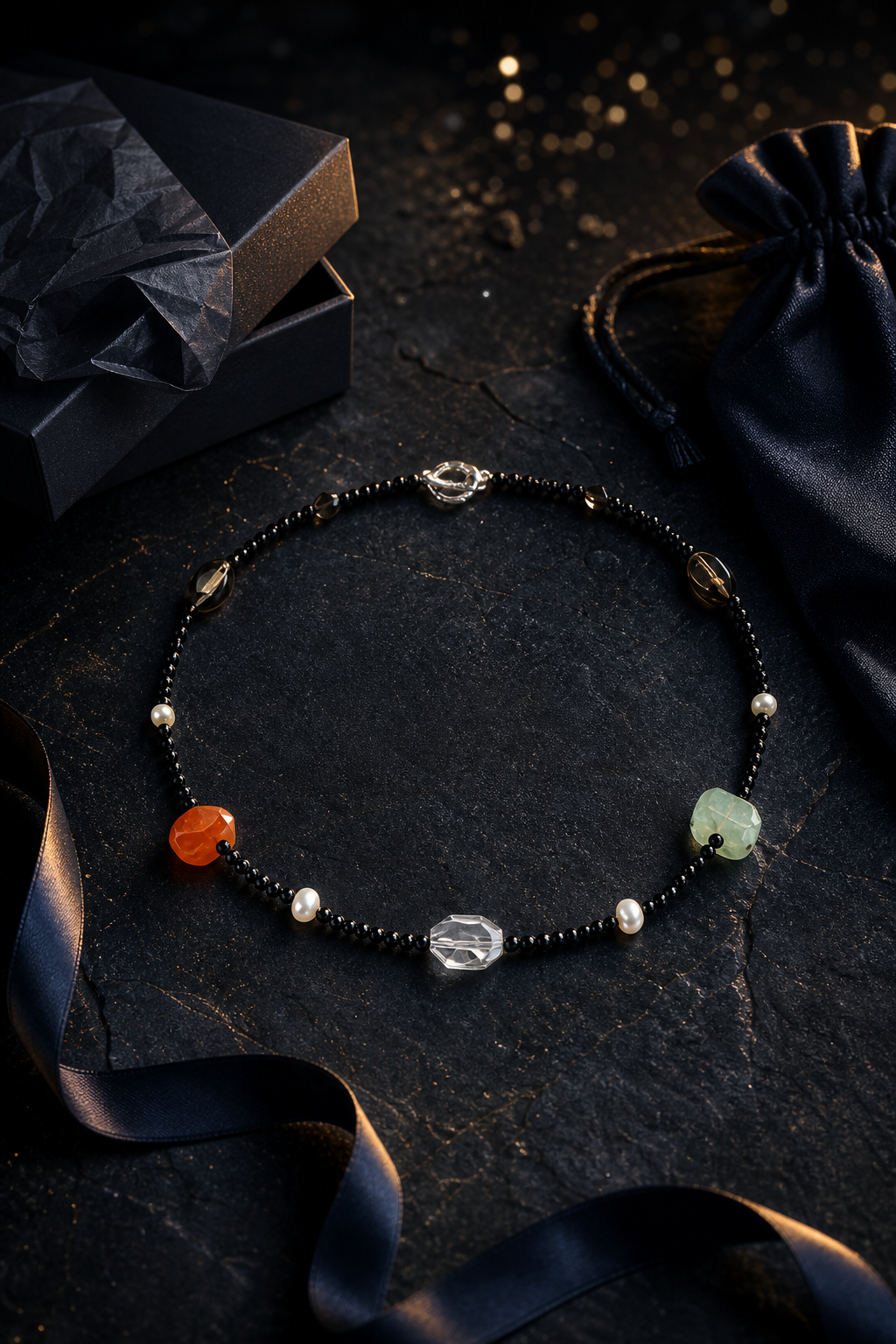 Shadow Beacon Mixed Gem Necklace packaging flat lay