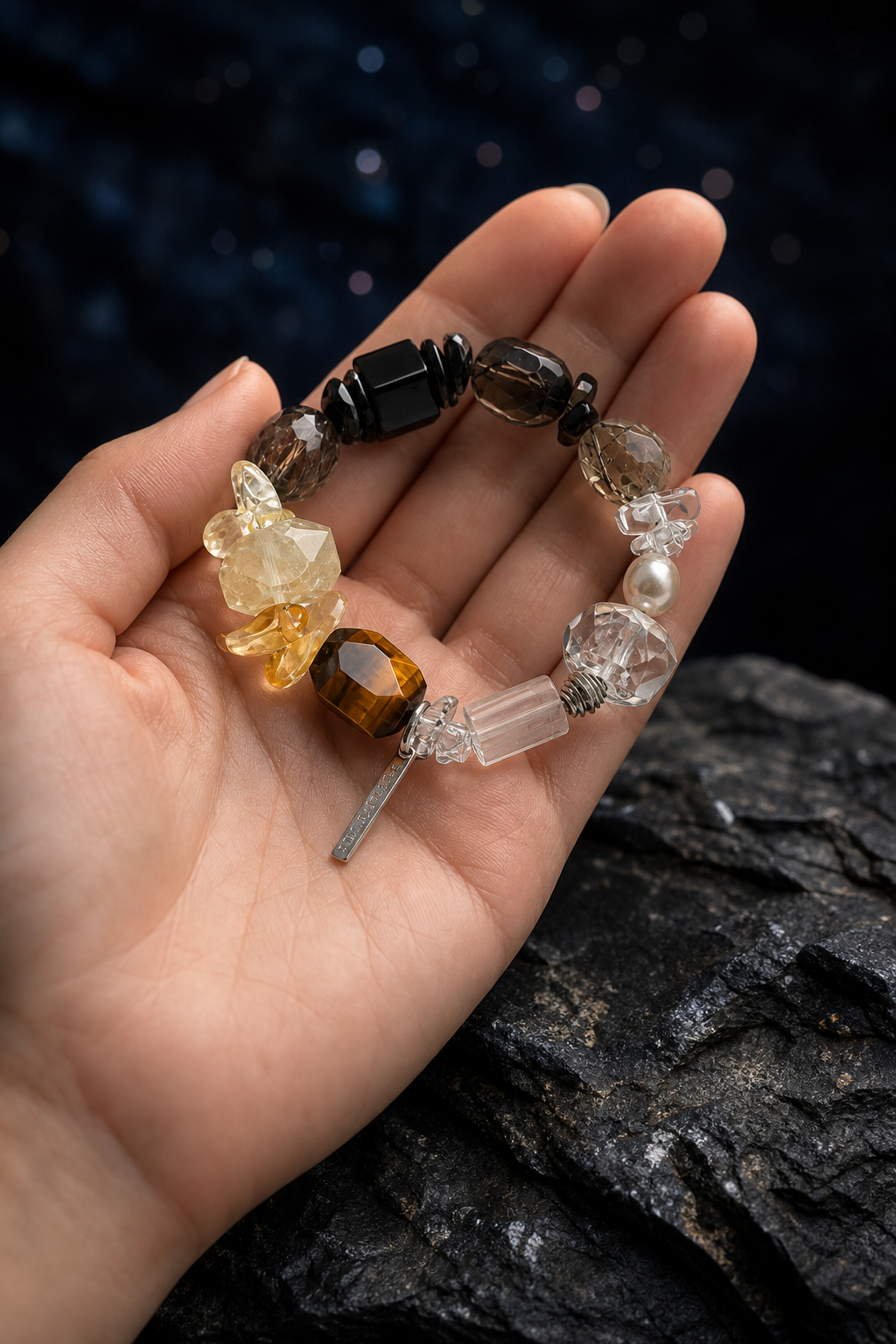 Shadow Ember Tiger's Eye Bracelet shown in hand for scale