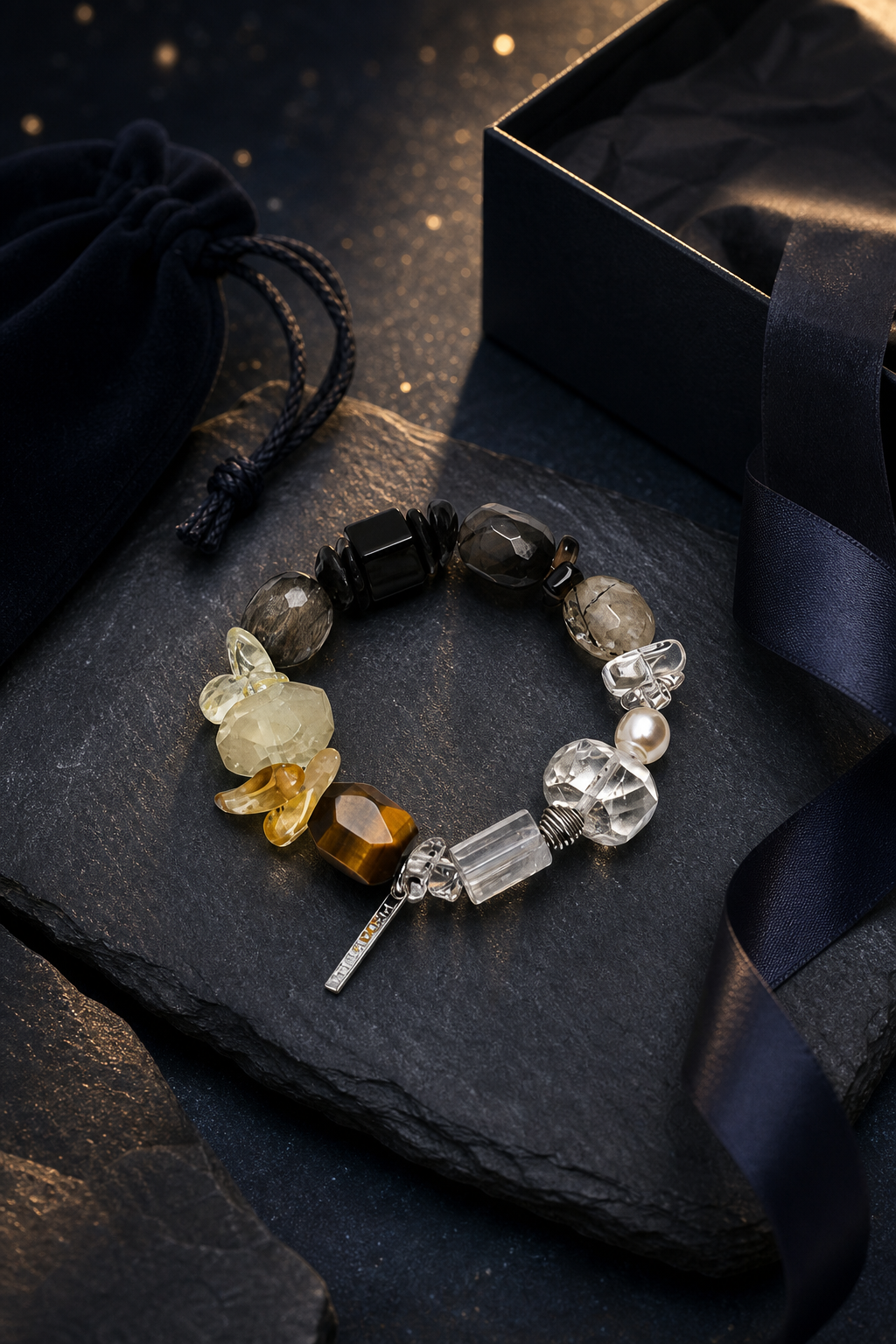 Shadow Ember Tiger's Eye Bracelet packaging flat lay