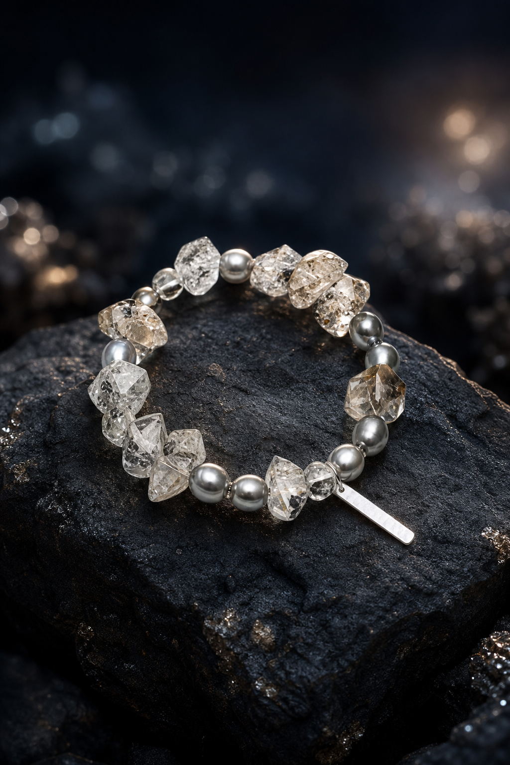 Slate Current Smoky Quartz Bracelet front view on a dark atmospheric backdrop