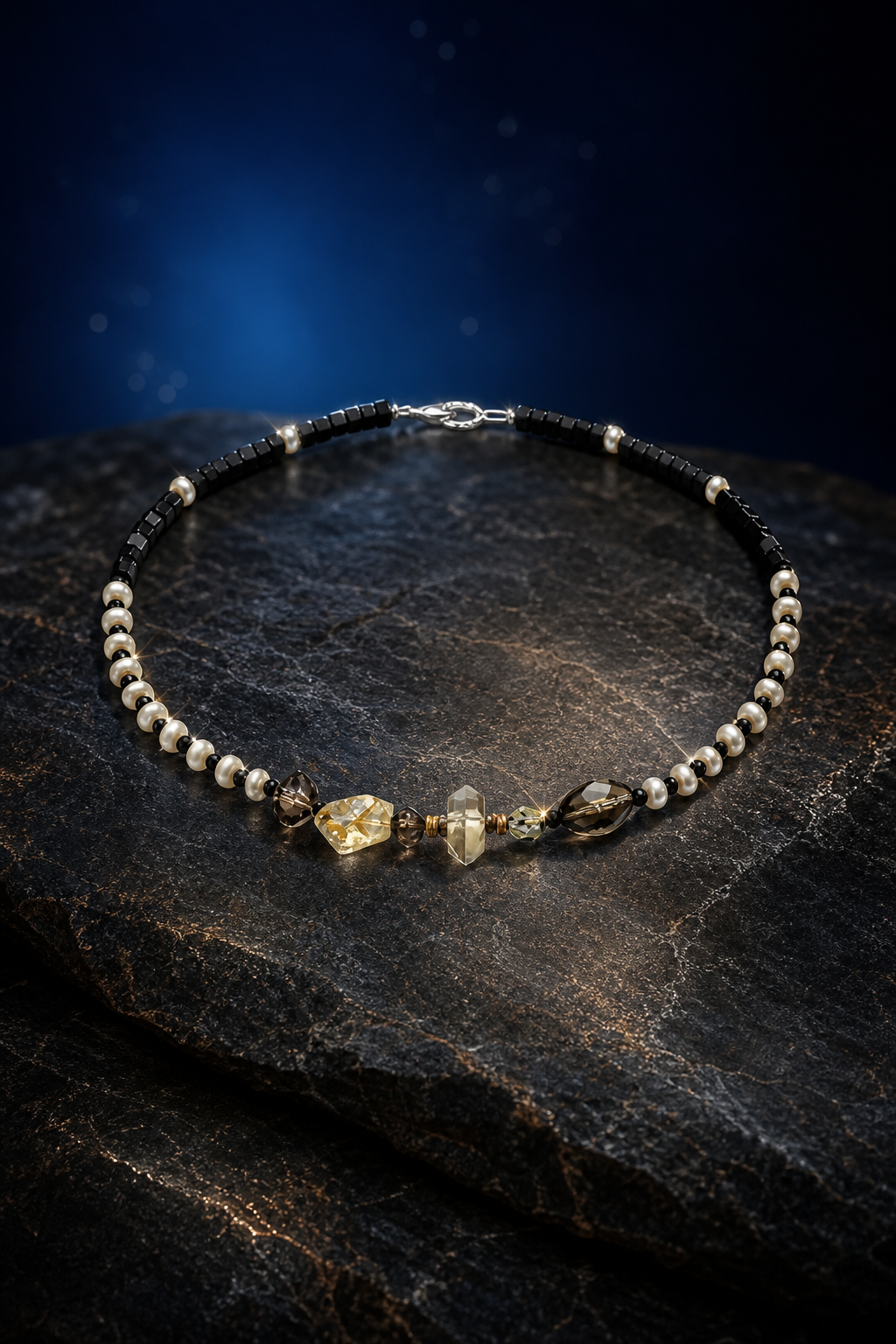 Smoked Moon Citrine Pearl Necklace front view on a dark atmospheric backdrop