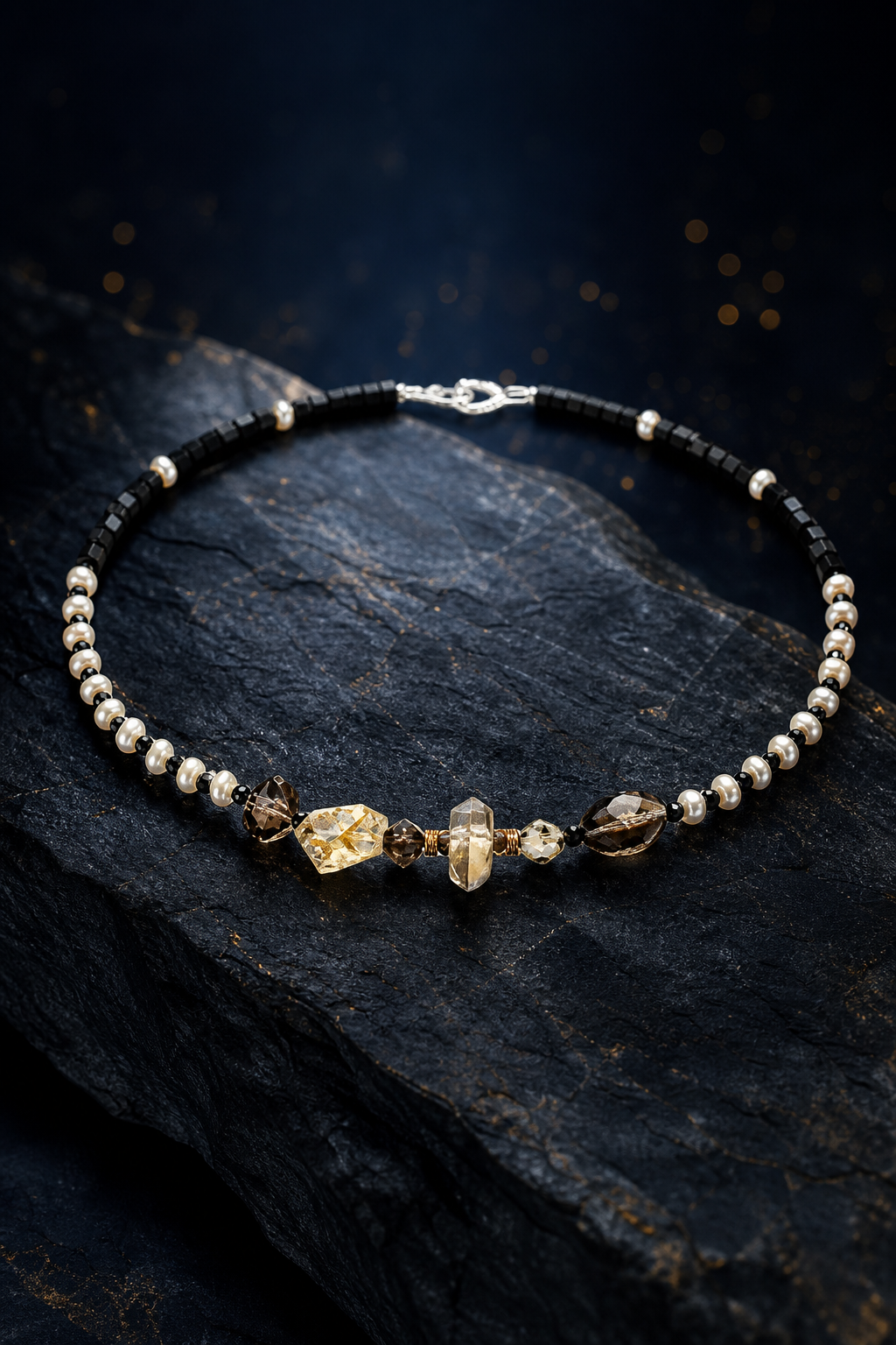 Smoked Moon Citrine Pearl Necklace angled three-quarter product view